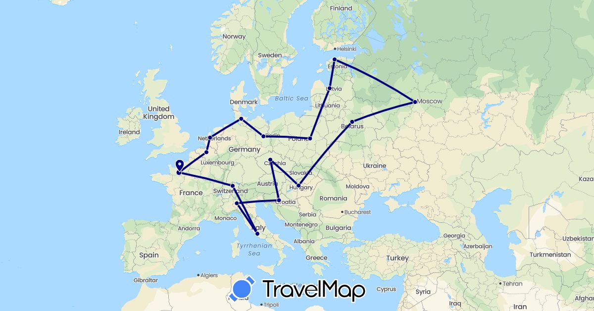 TravelMap itinerary: driving in Belgium, Belarus, Switzerland, Czech Republic, Germany, Estonia, France, Croatia, Hungary, Italy, Latvia, Netherlands, Poland, Russia (Europe)